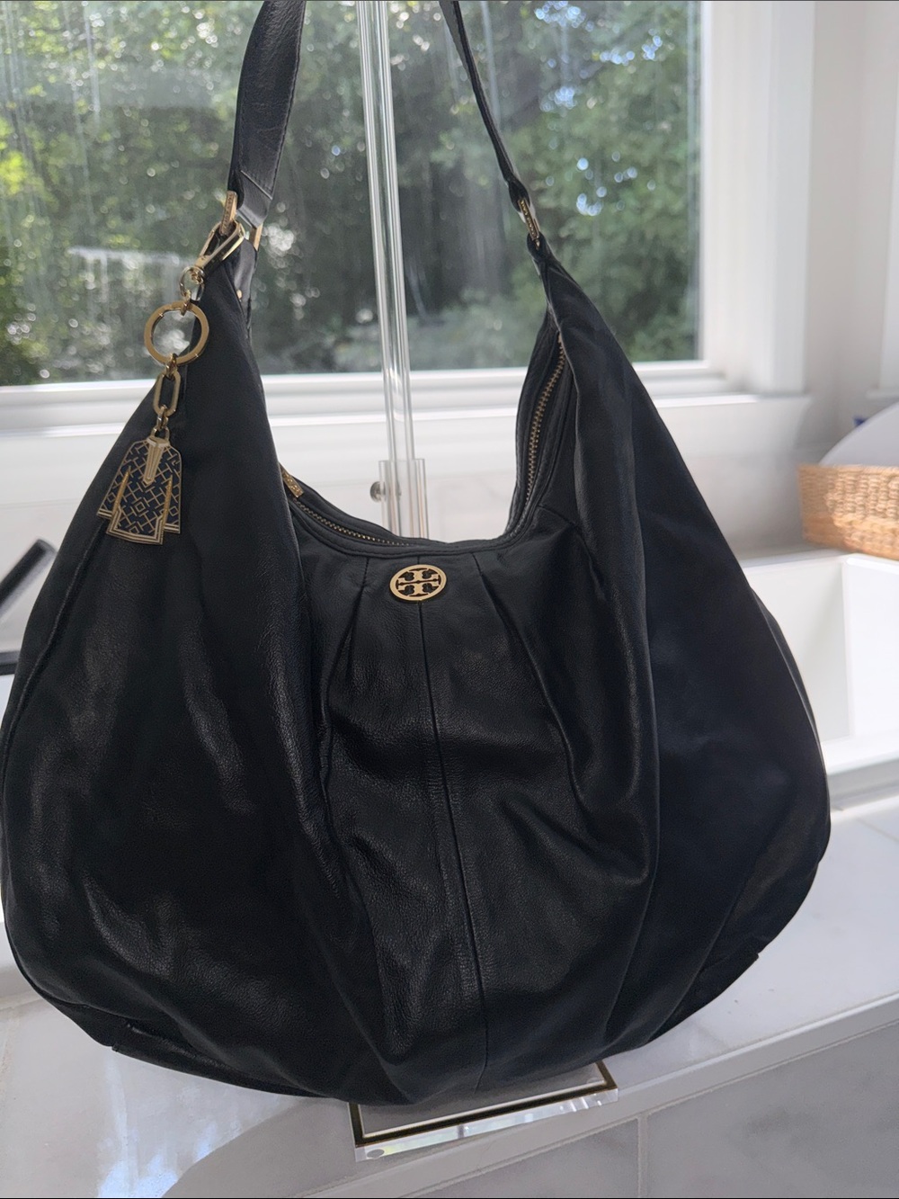 Tory Burch Leather Hobo Shoulder Bag with Gold Hardware and bag charm!